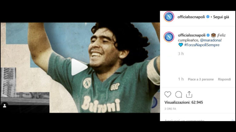 Diego Armando Maradona compie 59 anni, il Napoli lo omaggia con un video