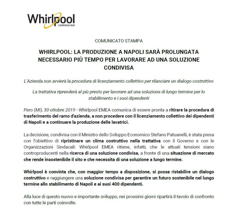 Whirlpool, il ministro Patuanelli annuncia: “L’azienda ritira la procedura di concessione”