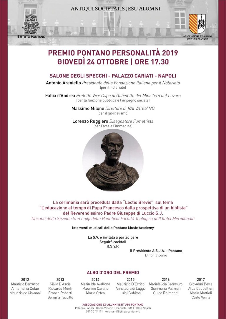 A Napoli il Premio Pontano Personalità 2019 giovedì 24 ottobre 2019