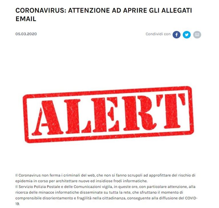 La truffa del Coronavirus corre sul Web: non aprite allegati di mail sconosciute
