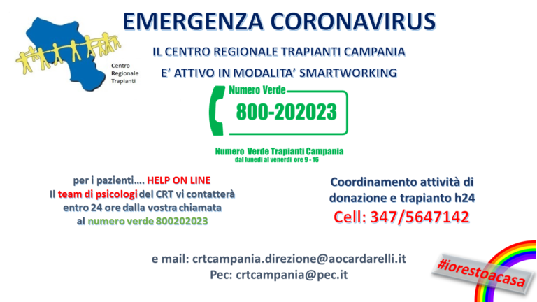 Emergenza Coronavirus, centro trapianti della Campania in attività smartworking