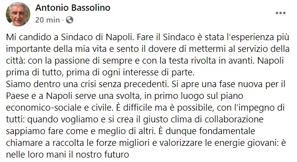 Elezioni comunali a Napoli, Bassolino annuncia sui social: “Mi candido a sindaco”