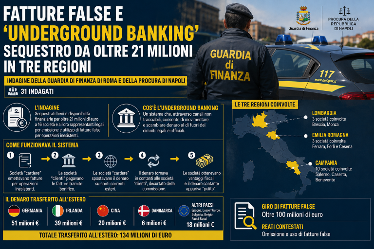 Fatture false e “underground banking”: sequestro da oltre 21 milioni, coinvolte dieci società campane