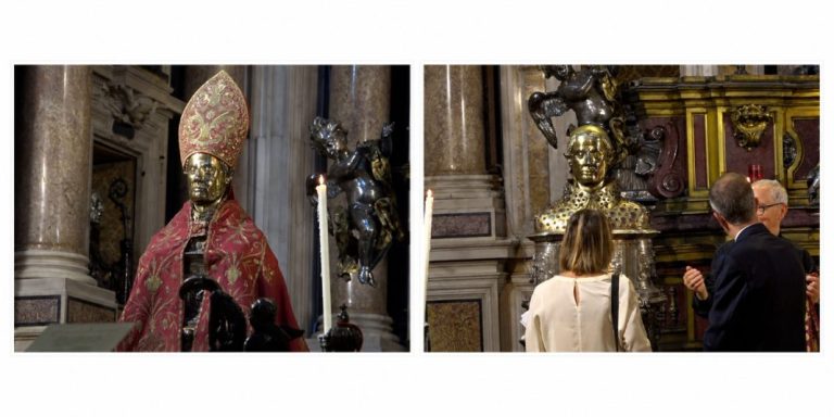 Nella foto la statua del santo con la mitra e dopo che gli era stata rubata dal 43enne extracomunitario. L'uomo è stato arrestato; ma è già tornato in libertà