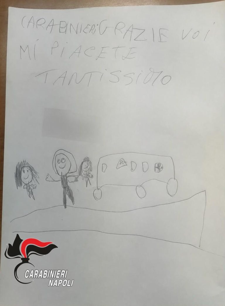 Per una gelosia possessiva e violenta, sequestra per due giorni e picchia con un bastone chiodato la compagna e il figlio: arrestato. (Nell'immagine il disegno che il bimbo questa mattina ha voluto donare alla stazione dei carabinieri)