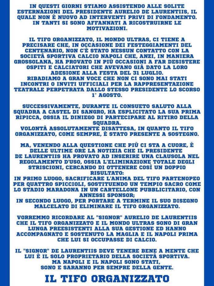 Il manifesto diffuso dal tifo organizzato del Napoli