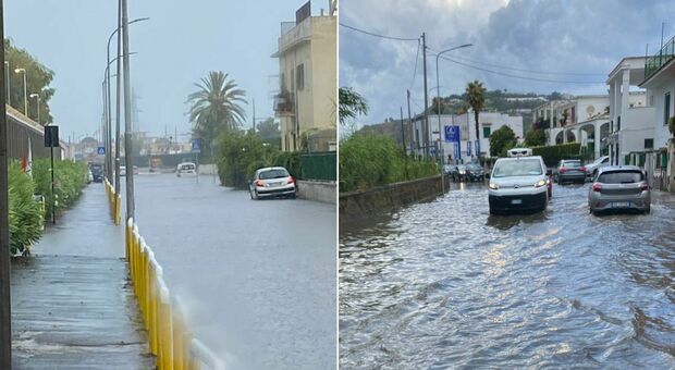 Bomba d’acqua sul napoletano: strade allagate e disagi alla circolazione. A Ischia un fulmine colpisce la cupola della celebre chiesa di Forio