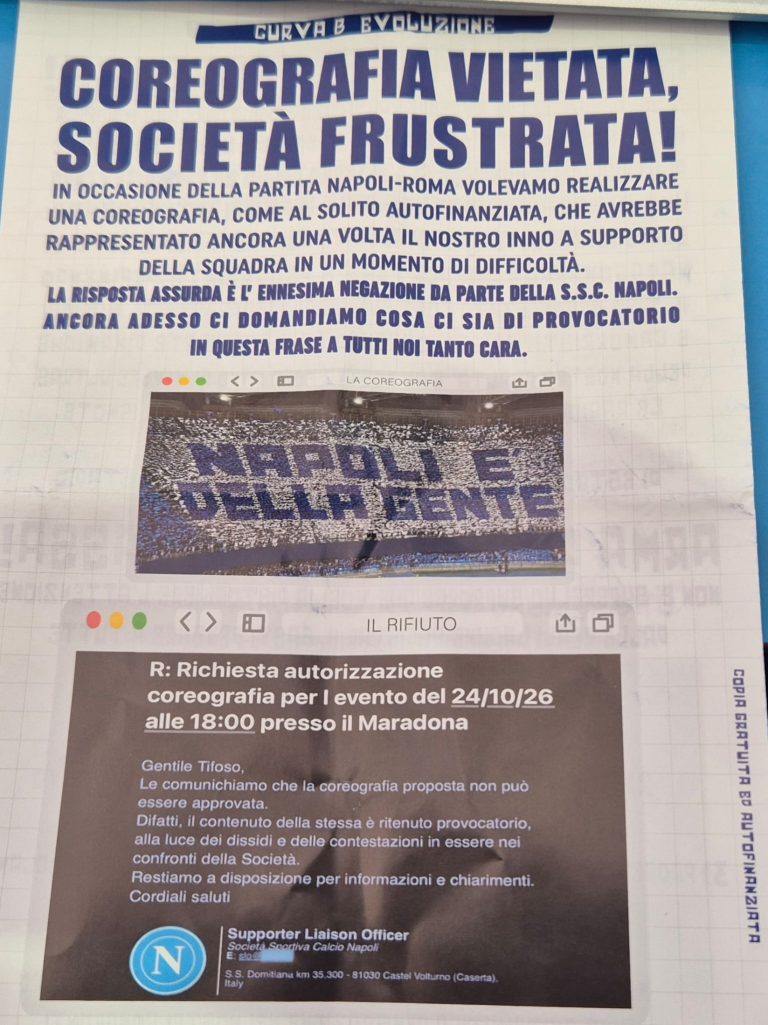 Negata la coreografia “Napoli è della gente” in Curva B per Napoli-Roma. Il club: “È provocatoria”